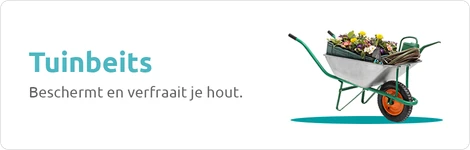 Illustratie van een banner voor tuinbeits met een kruiwagen vol bloemen en tuingereedschap, afgebeeld op een effen achtergrond.