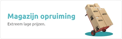 Banner met tekst ‘Magazijn opruiming – extreem lage prijzen’ en een steekwagen vol Verf.nl-dozen.