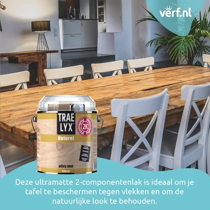 Deze ultramatte 2-componentenlak is ideaal om je tafel te beschermen tegen vlekken en om de natuurlijke look te behouden.