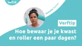 Nathalie de styliste kijkt bedenkelijk met een kwast en roller. Vervolgens geeft ze een verftip over hoe je deze een paar dagen bewaart.