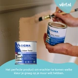 Persoon brengt Sigma Colour Tester matt aan op de muur met een kwast, met blik verf in de hand. Tekst: Het perfecte product om erachter te komen welke kleur je graag op je muur wilt hebben.