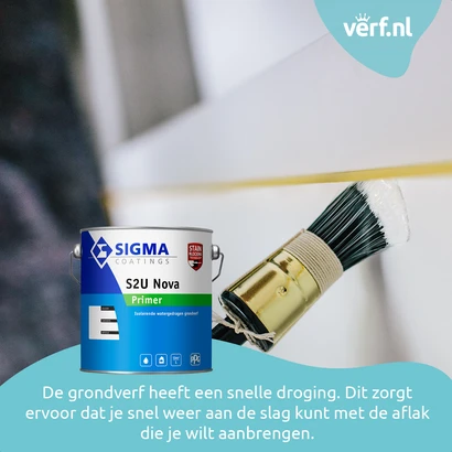 Een kwast wordt gebruikt om witte grondverf aan te brengen op een binnendeur of kozijn. Op de voorgrond staat een blik Sigma S2U Nova Primer, een isolerende watergedragen grondverf. Onderaan de afbeelding staat de tekst: "De grondverf heeft een snelle dro