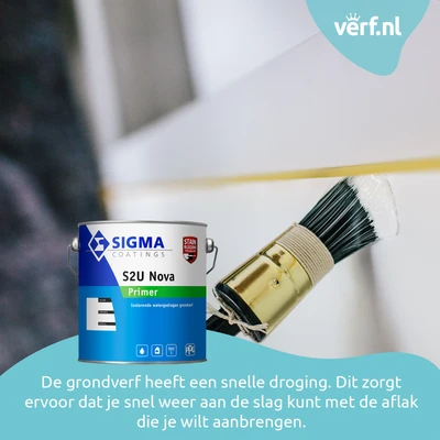Een kwast wordt gebruikt om witte grondverf aan te brengen op een binnendeur of kozijn. Op de voorgrond staat een blik Sigma S2U Nova Primer, een isolerende watergedragen grondverf. Onderaan de afbeelding staat de tekst: "De grondverf heeft een snelle dro