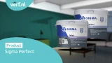 Twee emmers Sigma Perfect muurverf (mat en semi-mat) met modern interieur op de achtergrond.