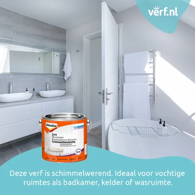 Deze verf is schimmelwerend. Ideaal voor vochtige ruimtes als badkamer, kelder of wasruimte.