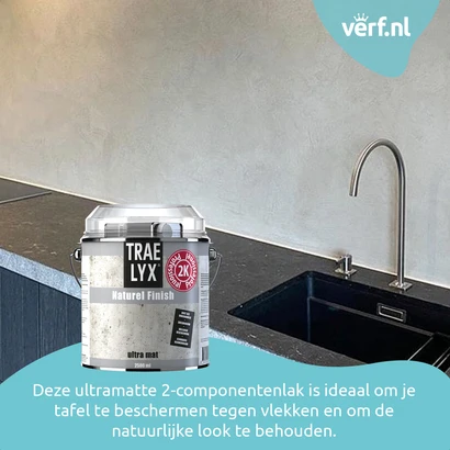 Deze ultramatte 2-componentenlak is ideaal om je tafel te beschermen tegen vlekken en om de natuurlijke look te behouden.