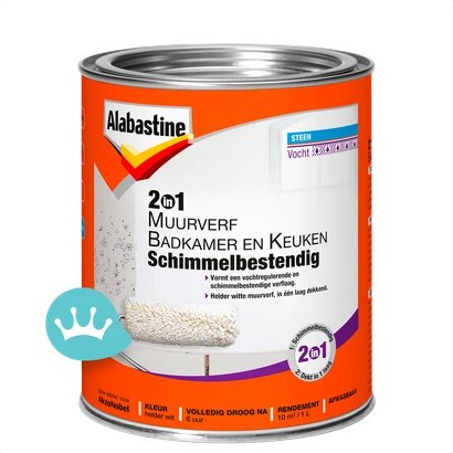 Alabastine 2 in 1 Muurverf Badkamer En Keuken Schimmelbestendig Wit 1 liter packshot