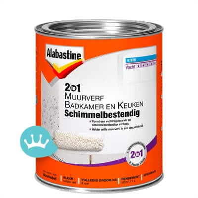 Alabastine 2 in 1 Muurverf Badkamer En Keuken Schimmelbestendig Wit 1 liter packshot