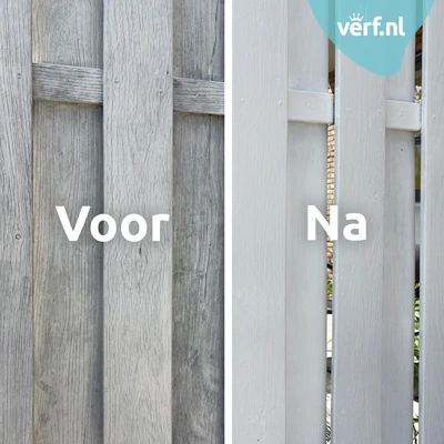 Houten schutting in tweeën gedeeld: links vergrijsd en verweerd hout met het label "Voor", rechts fris witgeschilderd hout met Jotun Demidekk Ultimate Helmatt en het label "Na". Rechtsboven is het logo van Verf.nl zichtbaar.