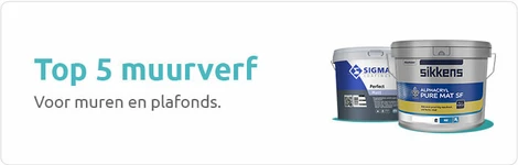 Banner met tekst ‘Top 5 muurverf – voor muren en plafonds’ en twee emmers muurverf van Sikkens en Sigma.