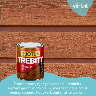 Bruin geverfde houten gevel met een blik Jotun Trebitt Oljebeis/lasyr op de voorgrond. Rechtsboven staat het Verf.nl-logo. Onderaan de tekst: "Transparante, zijdeglanzende buitenbeits. Perfect geschikt om nieuw, voorheen gebeitst of geïmpregneerd houtwerk