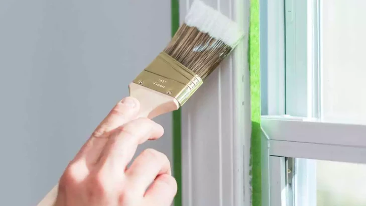 Kwast brengt witte verf aan langs groene Frogtape op een raamkozijn.