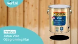 Blik Jotun Visir Oljegrunning Klar tegen een houten achtergrond, met linksboven het Verf.nl-logo en linksonder de productnaam in een blauwe balk.