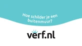 Achtergrondafbeelding met de tekst "Hoe schilder je een buitenmuur?" in witte letters op een turquoise vlak, met daaronder het logo van Verf.nl in zwart en turquoise.