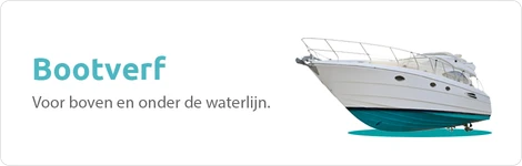Banner met tekst 'Bootverf, Voor boven en onder de waterlijn.' en een Illustratie van een boot.