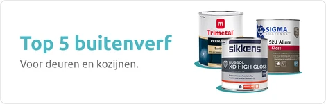 Banner met tekst ‘Top 5 buitenverf voor deuren en kozijnen’ en drie blikken buitenverf van Sikkens, Sigma en Trimetal.