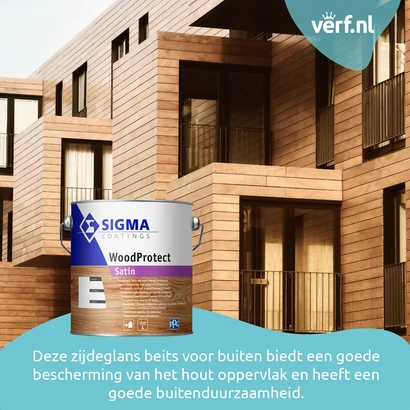 Moderne houten gevels van appartementencomplex met Sigma WoodProtect Satin beits in de voorgrond.