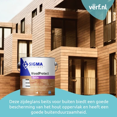 Moderne houten gevels van appartementencomplex met Sigma WoodProtect Satin beits in de voorgrond.
