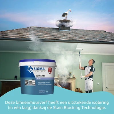 Een man werkt een roetvlek op het plafond weg met Sigma StainAway muurverf. Bovenop het dak veroorzaakt een rokerend ooievaarsnest de vervuiling. Op de voorgrond staat een emmer Sigma StainAway Matt, een isolerende muurverf met Stain Blocking Technologie.