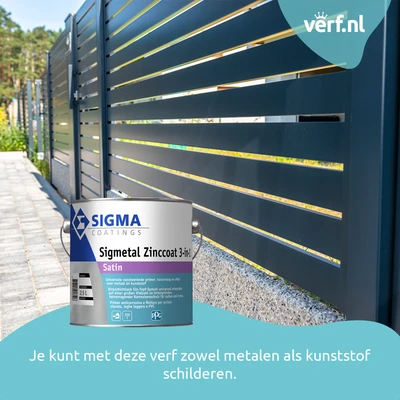 Modern metalen hekwerk met een zijdeglans afwerking, geschilderd met Sigma Sigmetal Zinccoat 3-in-1. De verf is geschikt voor zowel metaal als kunststof en functioneert als primer, tussenlaag en aflak.