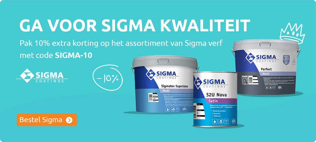 Actiebanner met tekst ‘Ga voor Sigma kwaliteit’ met verschillende Sigma verfemmers, actie ‘10% extra korting met code SIGMA-10’ en een knop ‘Bestel Sigma’