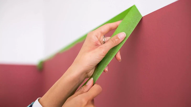 Hand die groene Frogtape verwijdert van een bordeauxrode muur.